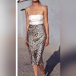 Leopard Skirt for Women Midi Length High Waist Silk Satin